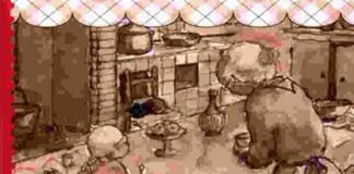 un disegno antico ritrae di schiena una nonna con grembiuli e cuffietka con una bambina intorno a un tavolo mentre cucinano
