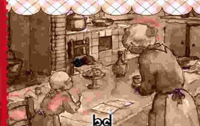 un disegno antico ritrae di schiena una nonna con grembiuli e cuffietka con una bambina intorno a un tavolo mentre cucinano